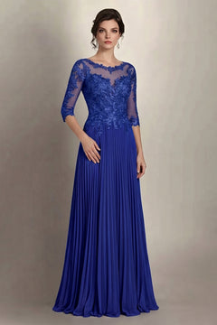 Royal Blue 3/4-Sleeve Lace and Pleated Chiffon Mother of the Bride Gown