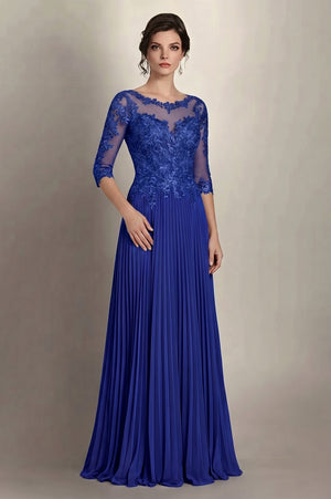 Royal Blue 3/4-Sleeve Lace and Pleated Chiffon Mother of the Bride Gown