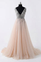 V-Neck Sequined Bodice Tulle Prom Dresses with Slit