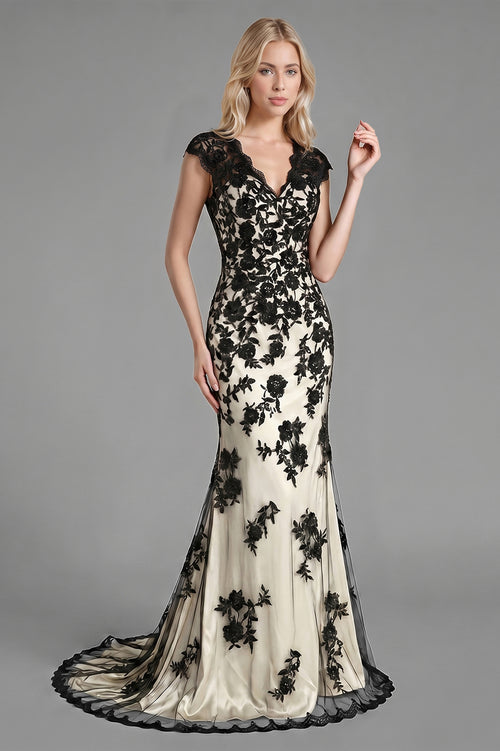 Ivory-Black Cap-Sleeve Lace and Tulle Mermaid Evening Dress