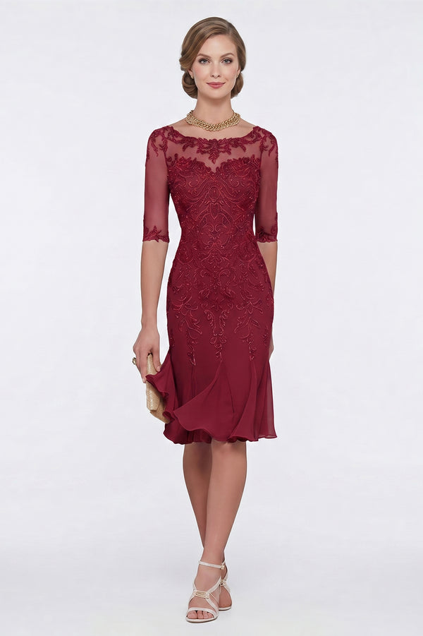 Half-Sleeve Lace Sheath Mother of the Bride Dress with Chiffon Ruffle Hem