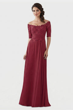 Burgundy Off-the-Shoulder Lace and Chiffon Mother of the Bride Gown