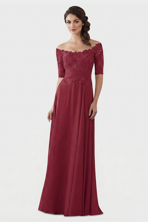 Burgundy Off-the-Shoulder Lace and Chiffon Mother of the Bride Gown