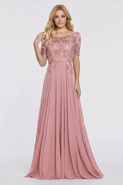 Dusty Rose Illusion-Sleeve Lace and Chiffon A-Line Mother of the Bride Gown