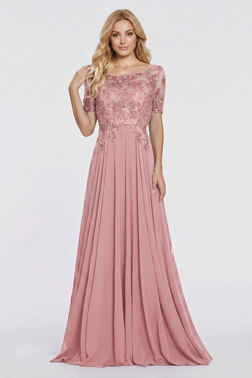 Dusty Rose Illusion-Sleeve Lace and Chiffon A-Line Mother of the Bride Gown