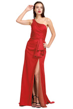 One Shoulder Sleeveless Slim Fit Satin Evening Dress With High Slit