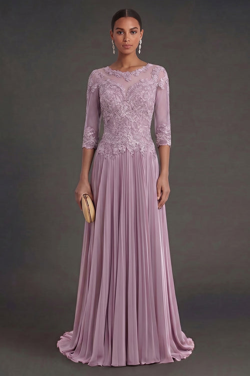 Wisteria Half-Sleeve Lace and Pleated Chiffon Mother of the Bride Dress