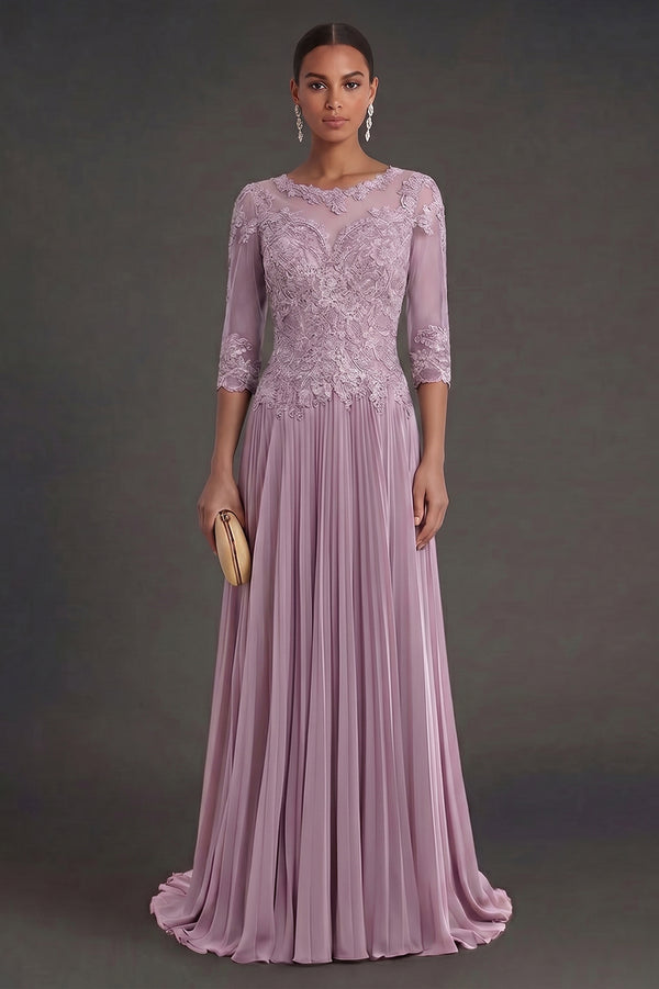Half-Sleeve Lace and Pleated Chiffon Mother of the Bride Dress
