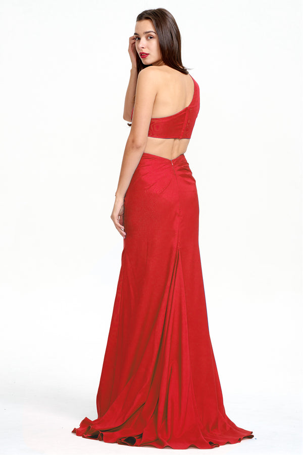 One-Shoulder Stretch Satin Sheath Evening Gown with Ruffle Slit and Back Cutout