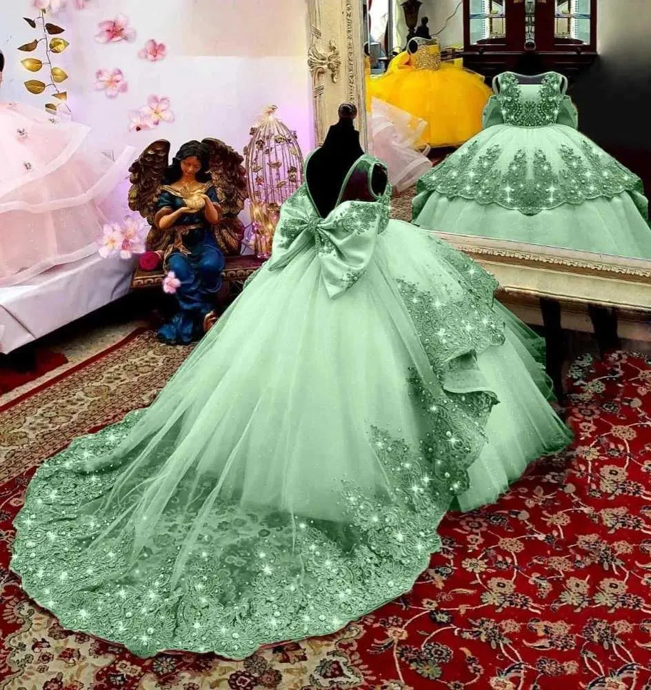 Round Neck Lace Appliques Green Flower Girl Dresses With Bows