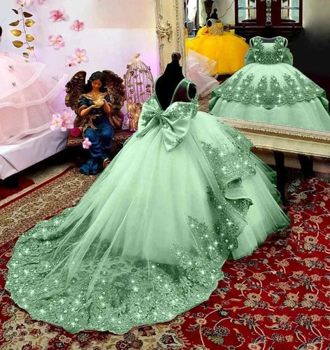 Round Neck Lace Appliques Green Flower Girl Dresses With Bows