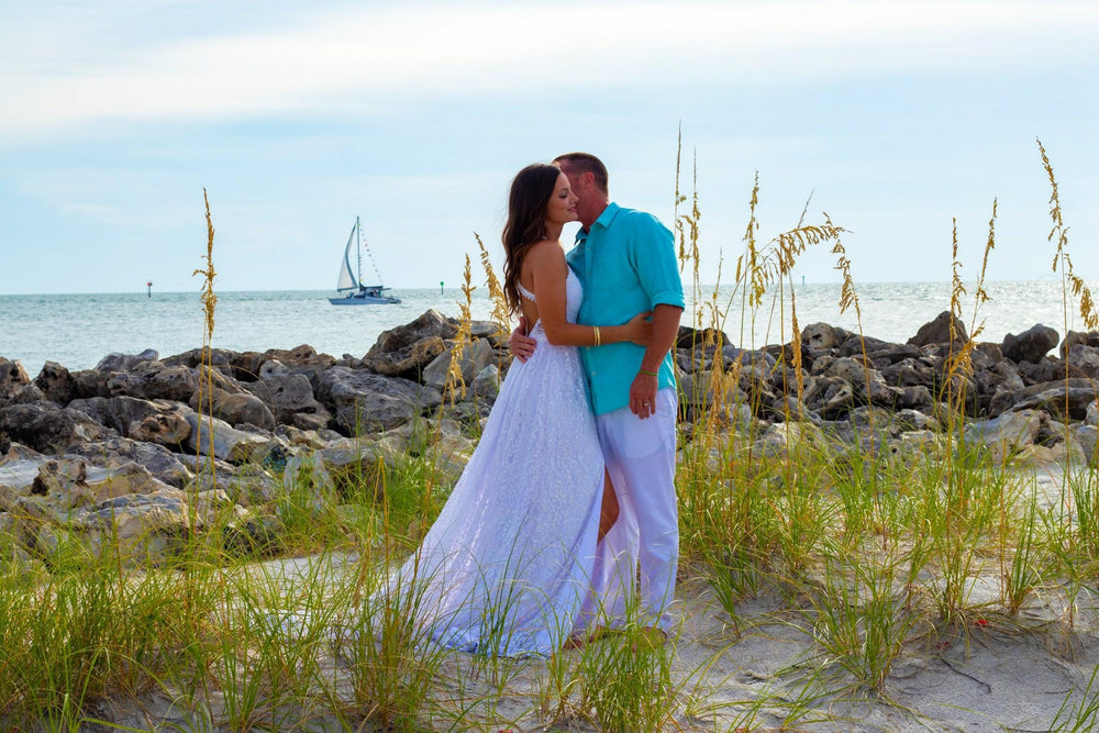 Boho V-Neck Lace A-Line Wedding Dress with High Slit and Train