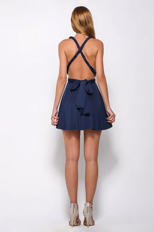 Navy Convertible Matte Satin A-Line Homecoming Dress with Wrap Waist