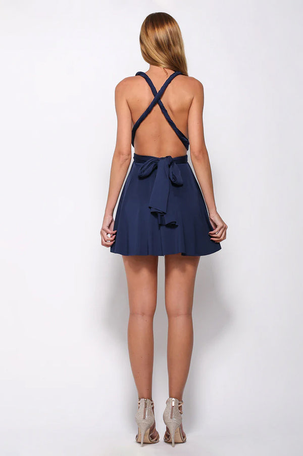 Navy Convertible Matte Satin A-Line Homecoming Dress with Wrap Waist