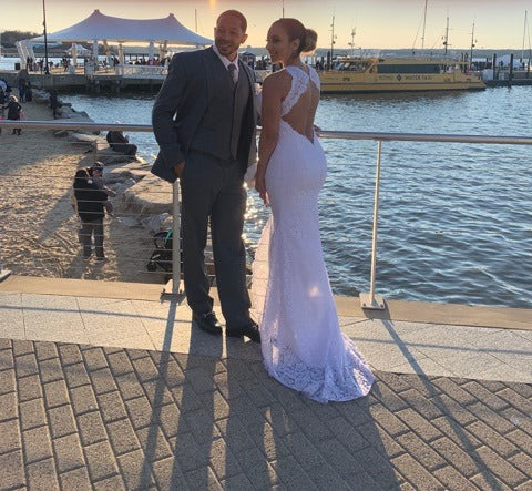 Open-Back High-Neck Lace Mermaid Wedding Dress with Front Slit