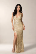 Champagne Low-Back V-Neck Sequin Sheath Prom Dress with High Slit