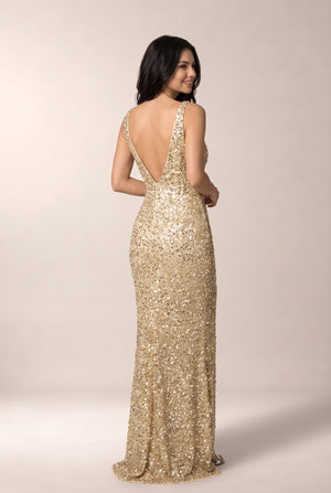 Champagne Low-Back V-Neck Sequin Sheath Prom Dress with High Slit