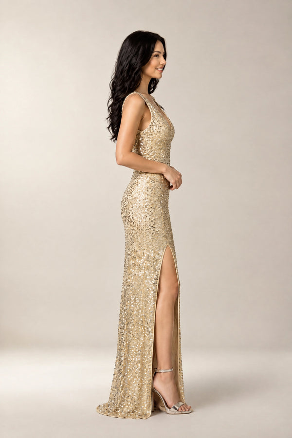 Champagne Low-Back V-Neck Sequin Sheath Prom Dress with High Slit