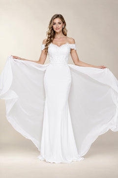 Off-the-Shoulder Chiffon Wedding Dress with Detachable Overskirt