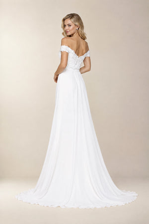 Off-the-Shoulder Chiffon Wedding Dress with Detachable Overskirt