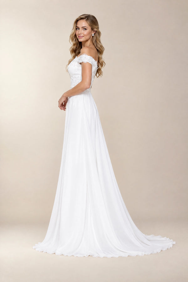 Off-the-Shoulder Chiffon Wedding Dress with Detachable Overskirt