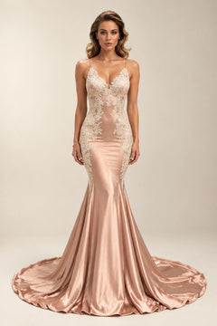 Open-Back Lace-Applique Stretch Satin Mermaid Evening Gown