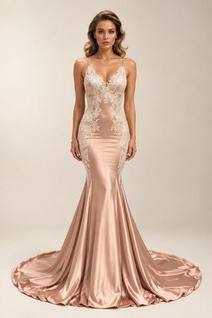 Open-Back Lace-Applique Stretch Satin Mermaid Evening Gown