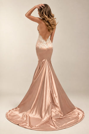 Open-Back Lace-Applique Stretch Satin Mermaid Evening Gown