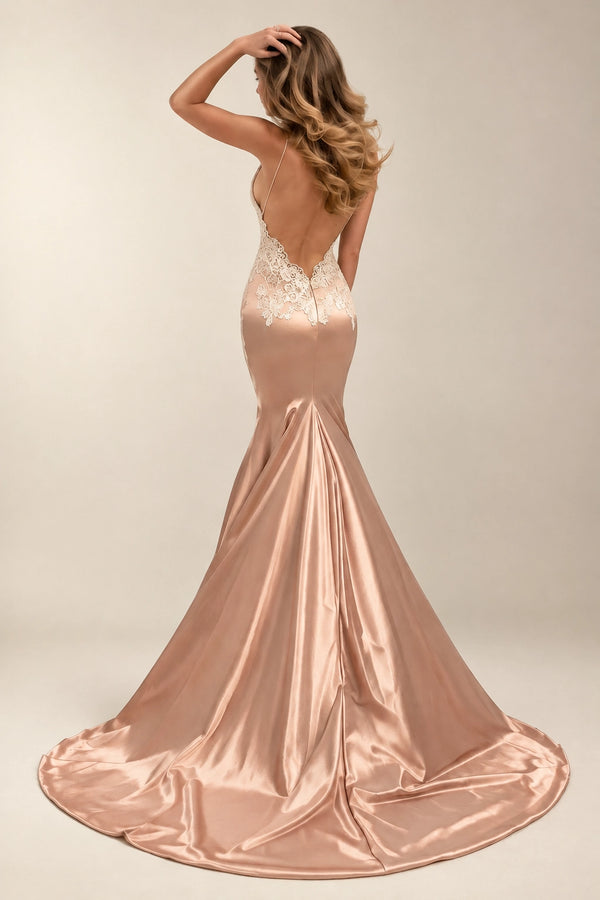 Open-Back Lace-Applique Stretch Satin Mermaid Evening Gown