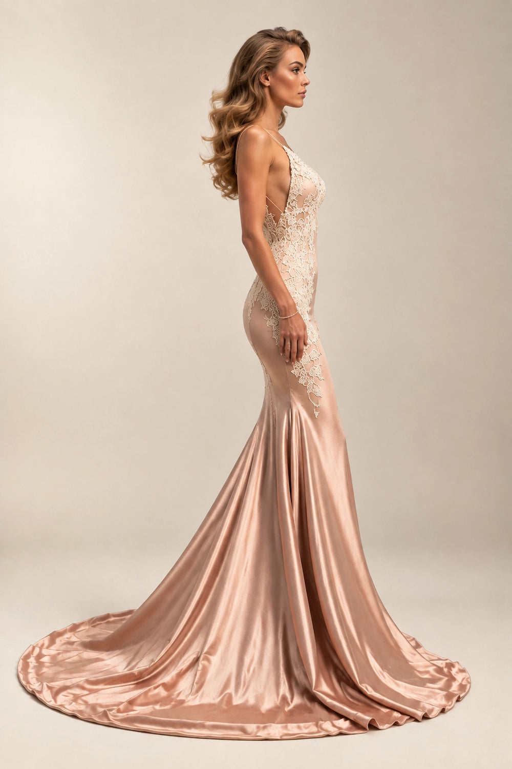 Dusty Rose Open-Back Lace-Applique Stretch Satin Mermaid Evening Gown