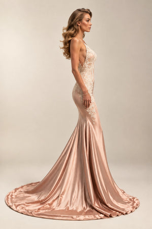 Open-Back Lace-Applique Stretch Satin Mermaid Evening Gown