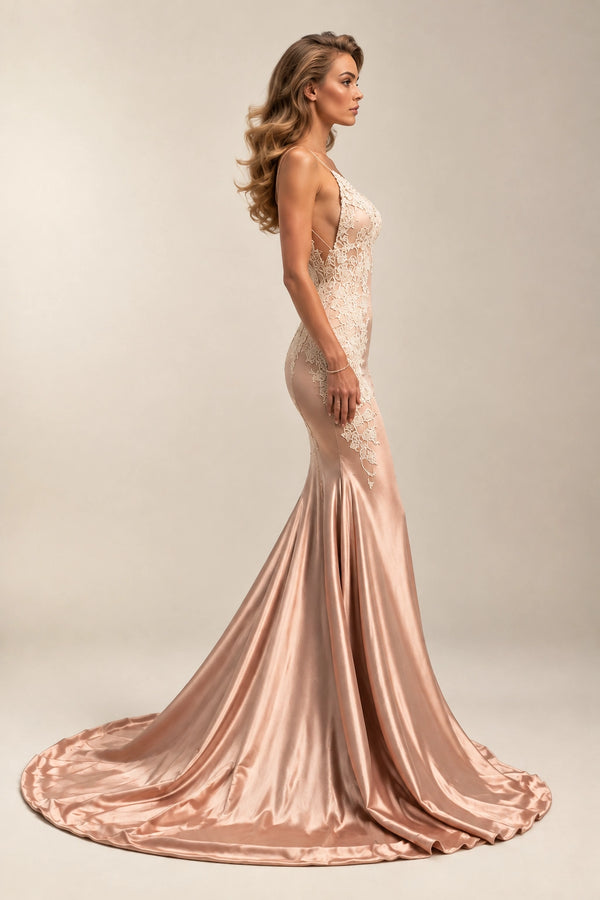 Open-Back Lace-Applique Stretch Satin Mermaid Evening Gown