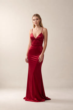 Ruby Red Low-Back Plunging Stretch Satin Mermaid Evening Gown