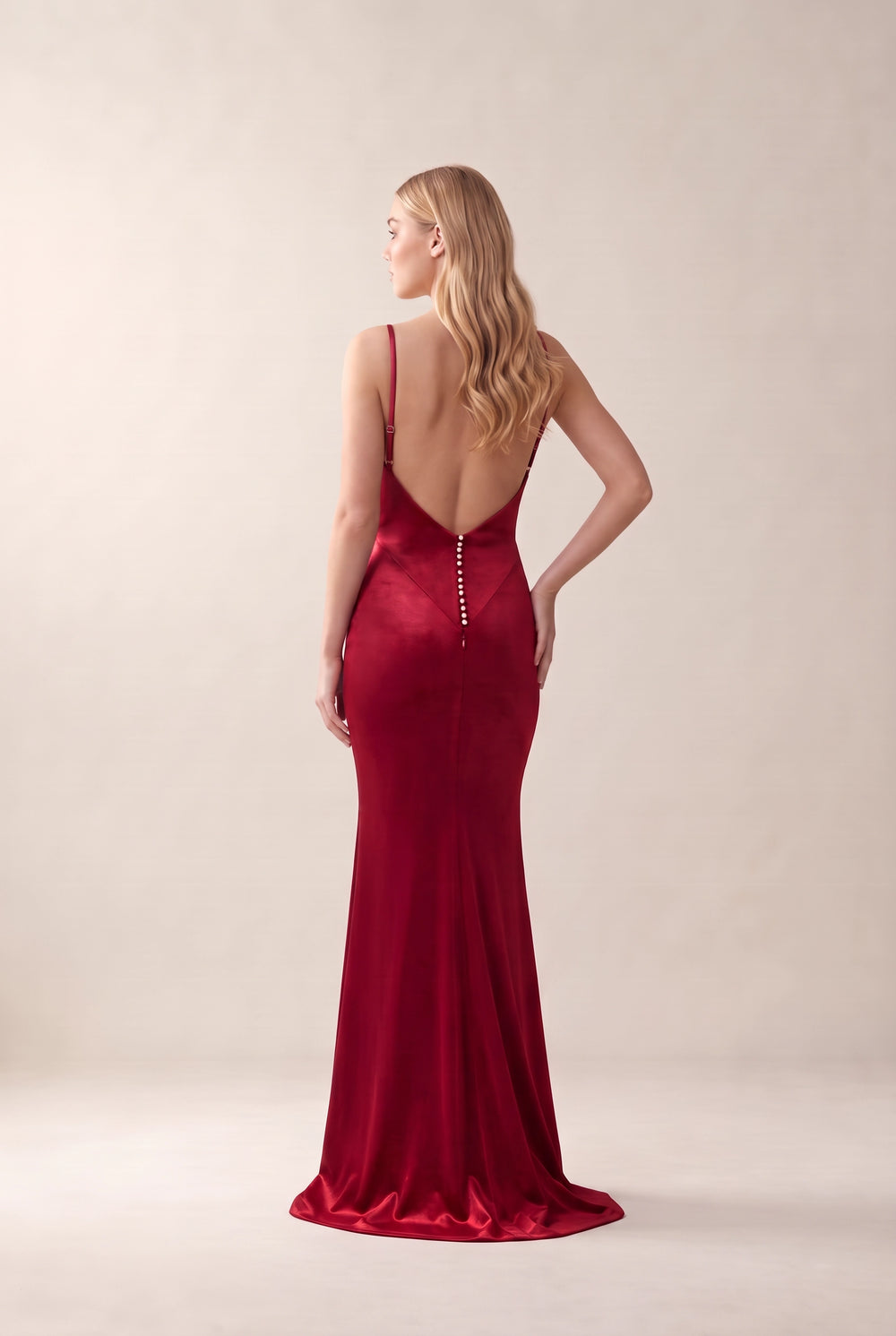 Ruby Red Low-Back Plunging Stretch Satin Mermaid Evening Gown