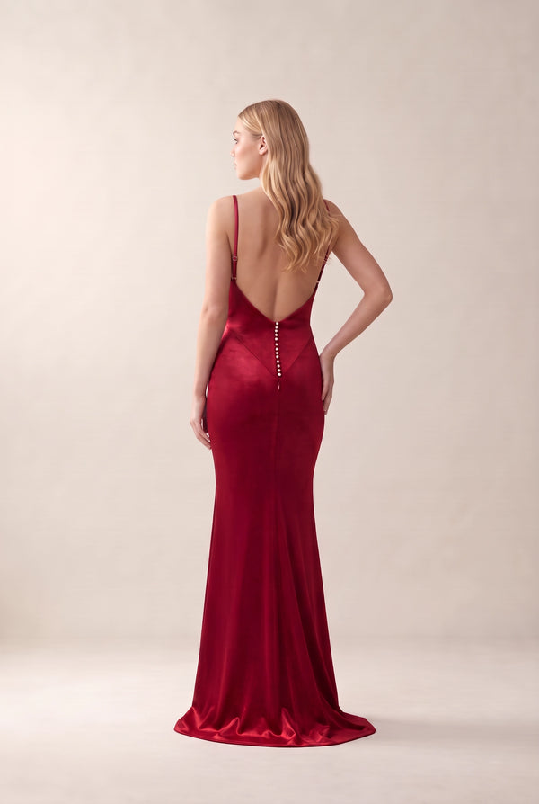 Ruby Red Low-Back Plunging Stretch Satin Mermaid Evening Gown