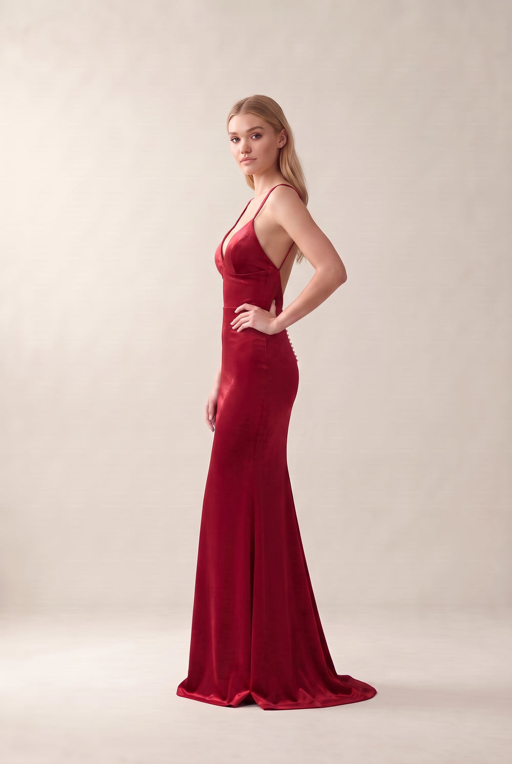 Ruby Red Low-Back Plunging Stretch Satin Mermaid Evening Gown