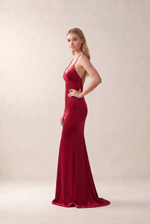 Ruby Red Low-Back Plunging Stretch Satin Mermaid Evening Gown
