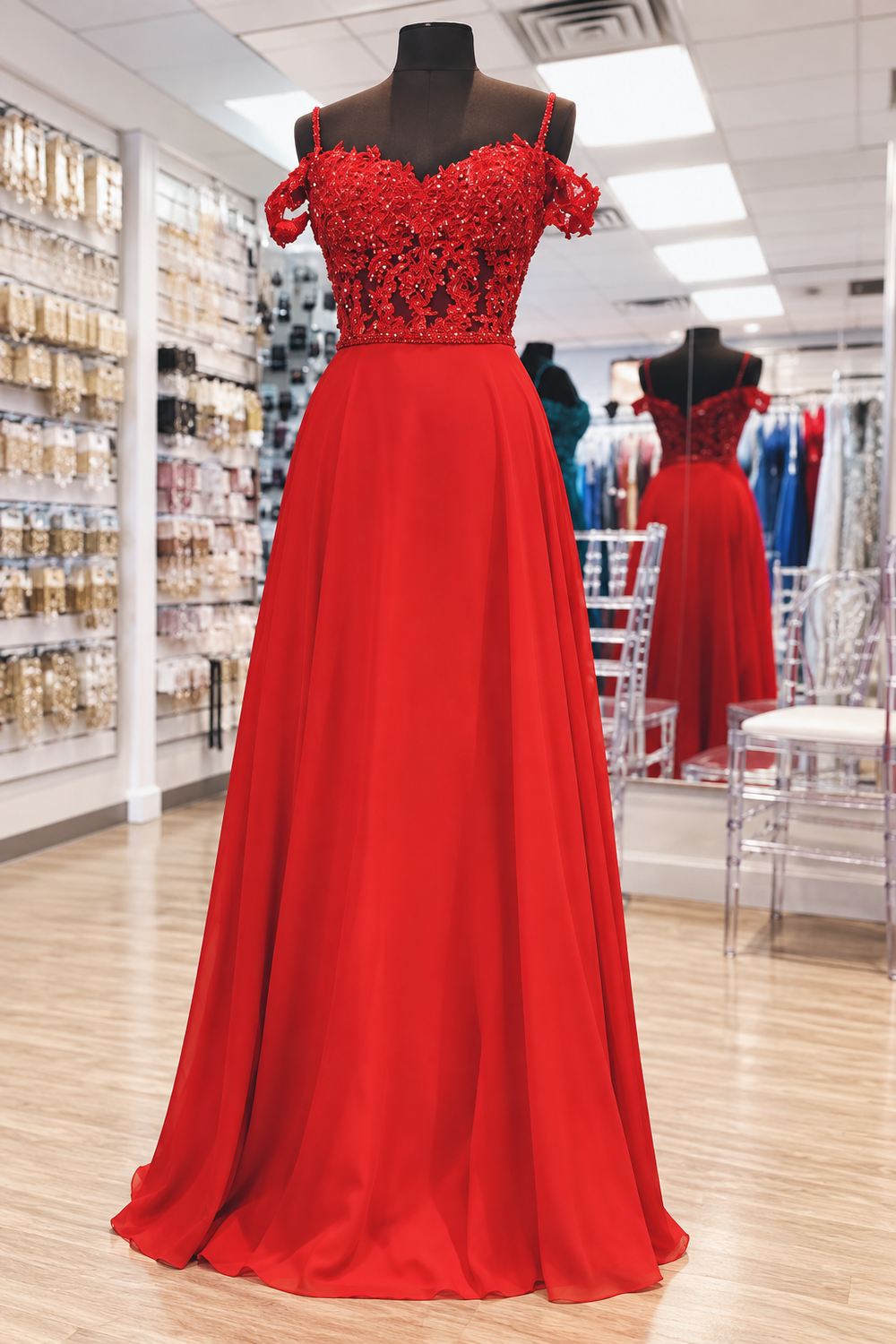 Ruby Red Cold-Shoulder Chiffon A-Line Bridesmaid Dress with Floral Appliques