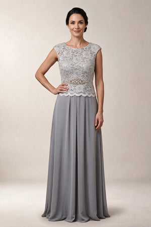 Silver Chiffon A-Line Mother of the Bride Dress with Lace Bodice