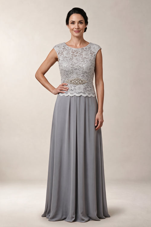 Silver Chiffon A-Line Mother of the Bride Dress with Lace Bodice
