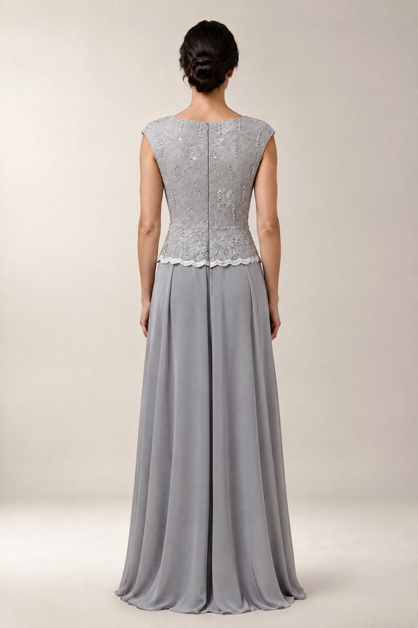 Silver Chiffon A-Line Mother of the Bride Dress with Lace Bodice