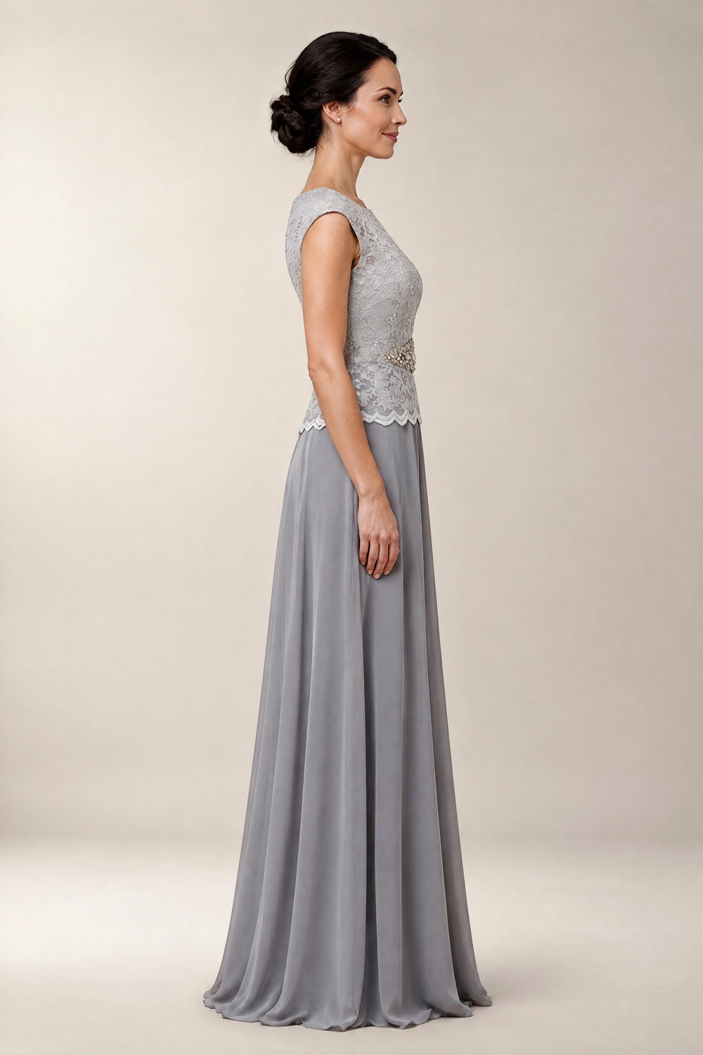 Silver Chiffon A-Line Mother of the Bride Dress with Lace Bodice