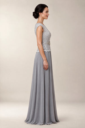 Silver Chiffon A-Line Mother of the Bride Dress with Lace Bodice