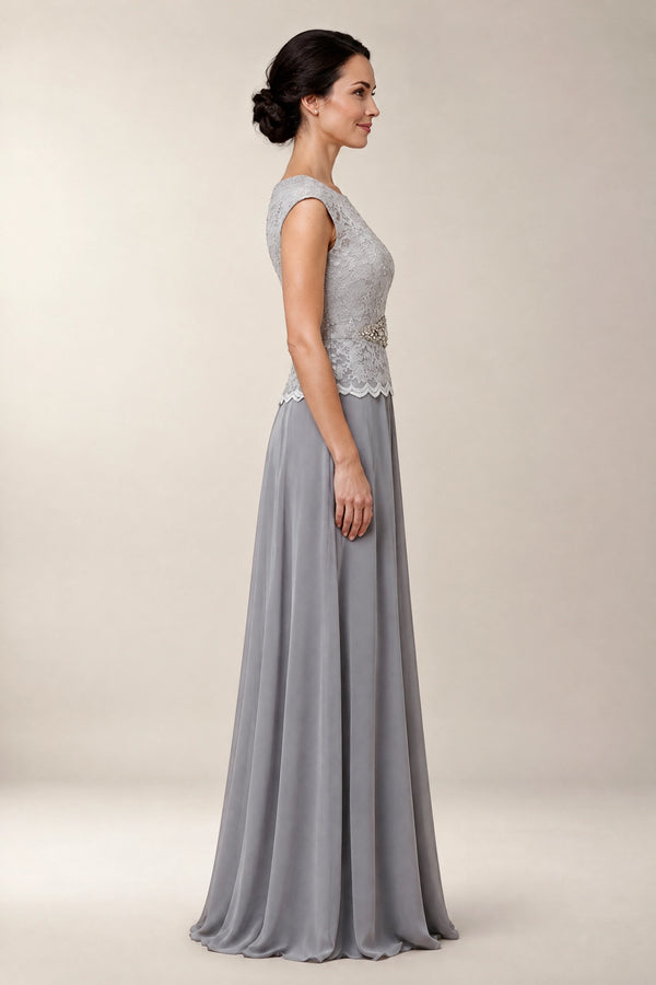 Silver Chiffon A-Line Mother of the Bride Dress with Lace Bodice