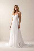 White Open-Back Lace and Chiffon A-Line Wedding Dress with Train