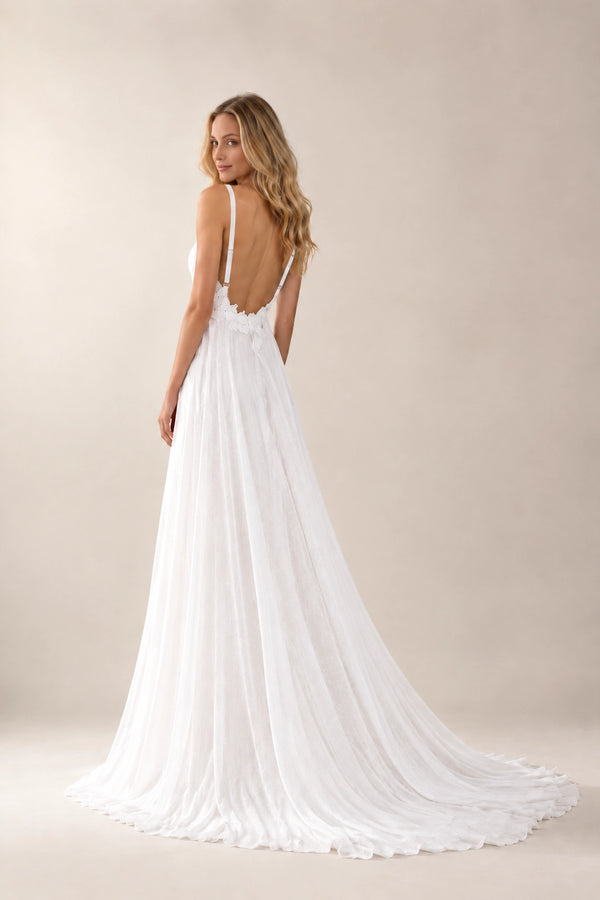 White Open-Back Lace and Chiffon A-Line Wedding Dress with Train