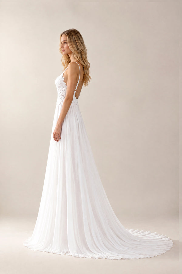 White Open-Back Lace and Chiffon A-Line Wedding Dress with Train