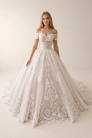 Ivory-Rose Off-the-Shoulder Lace and Tulle Wedding Ball Gown with Scalloped Train