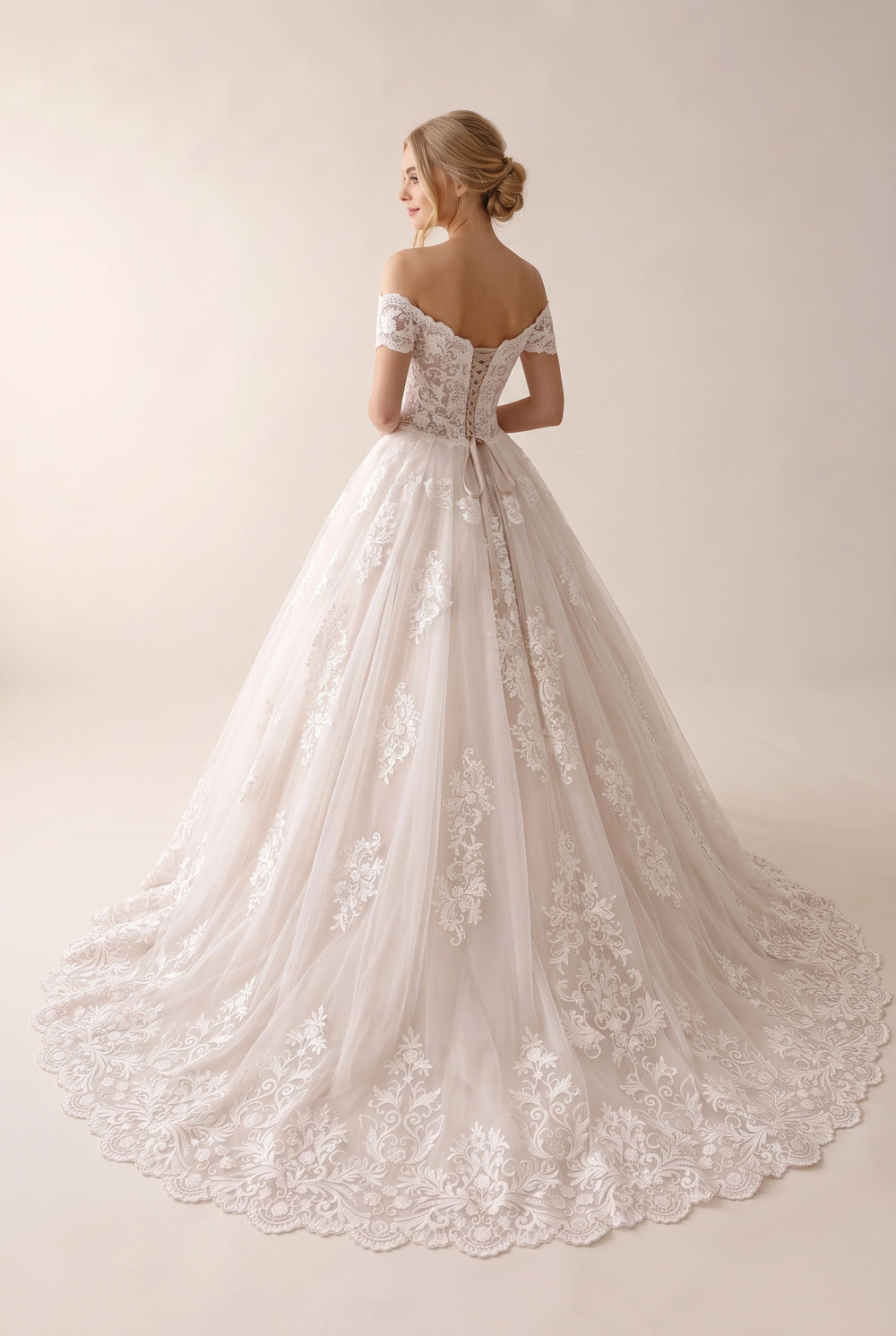 Off-the-Shoulder Lace and Tulle Wedding Ball Gown with Scalloped Train