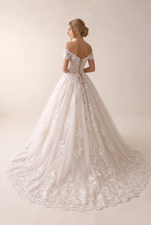 Ivory-Rose Off-the-Shoulder Lace and Tulle Wedding Ball Gown with Scalloped Train